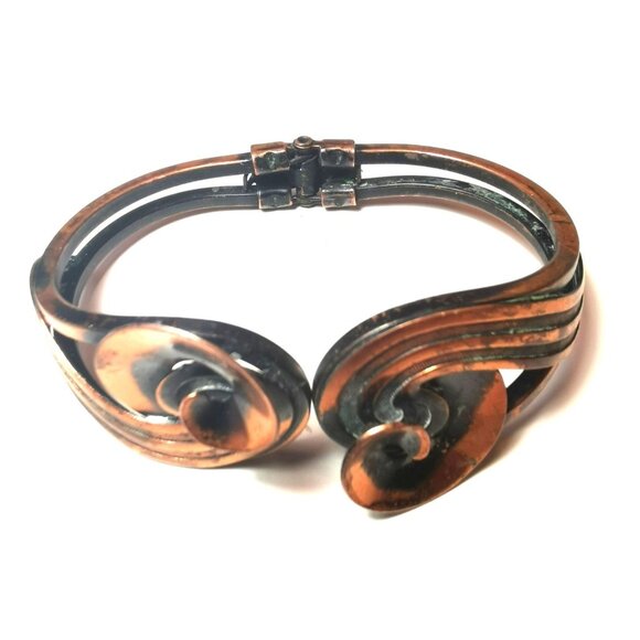 Vintage Copper Hinged Clamper Bracelet - Mid-Century Modernist Style Cuff - Picture 1 of 9